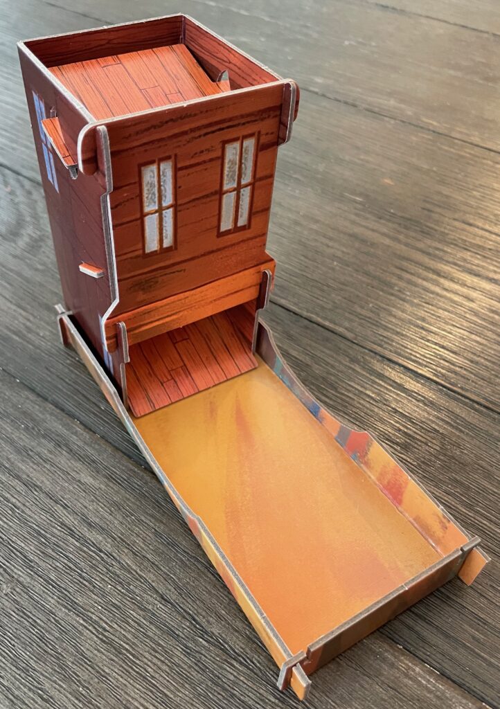 A peek at what the Tumble Town Dice Tower looks like once constructed.