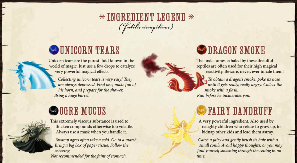 The ingredients features in the Potion Explosion rulebook.